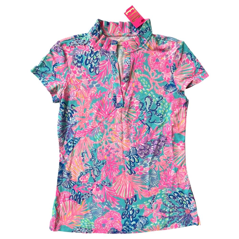 Lilly Pulitzer Freda Ruffle Collar Polo UPF 50+ Splendor in the Sand Small NEW